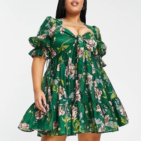 ASOS Tie Front Mini Dress in Textured Voile Art Nouveau Green Floral Size 10 - Picture 5 of 16